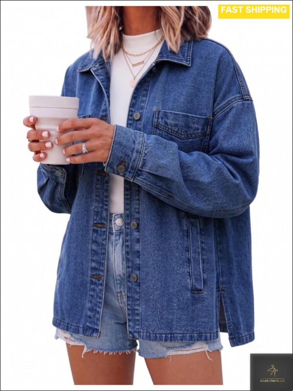 Womens Oversized Denim Jacket Drop Shoulder Button Up Casual Layering